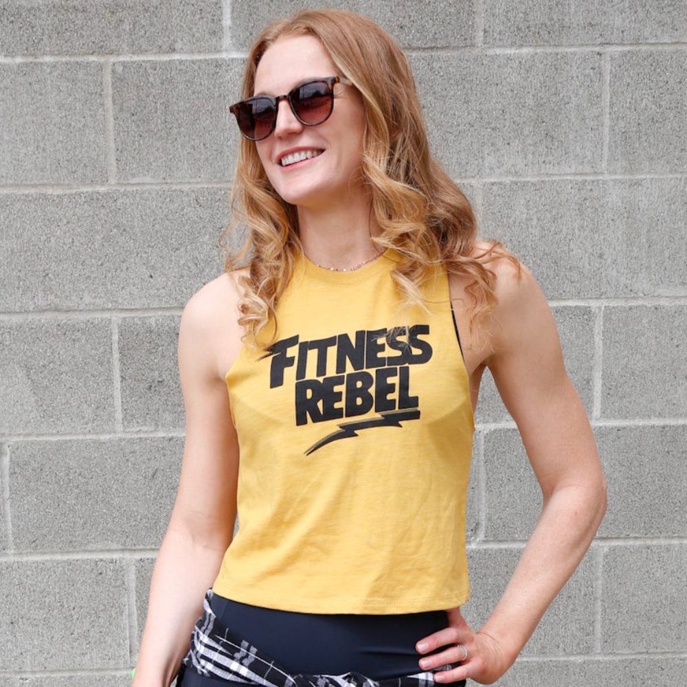 FITNESS REBEL HEATHER MUSTARD CROP RACERBACK